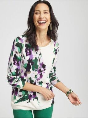 Chico’s Sz 2, L Floral Button Long Sleeve Pullover Sweater Cozy Soft Knit